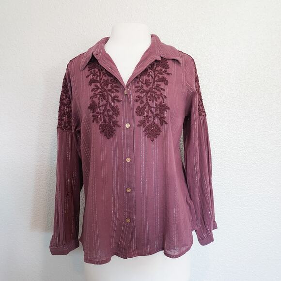 NEW Soft Surroundings Rasberry Red Striped Button Up Size M - Picture 2 of 15